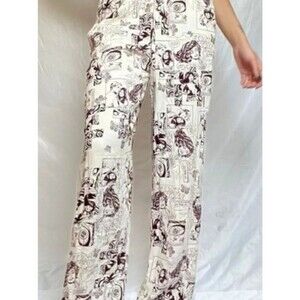 Urban Outfitters First Trip Graphic Wide Leg Lounge Pants Cream Brown Boho M